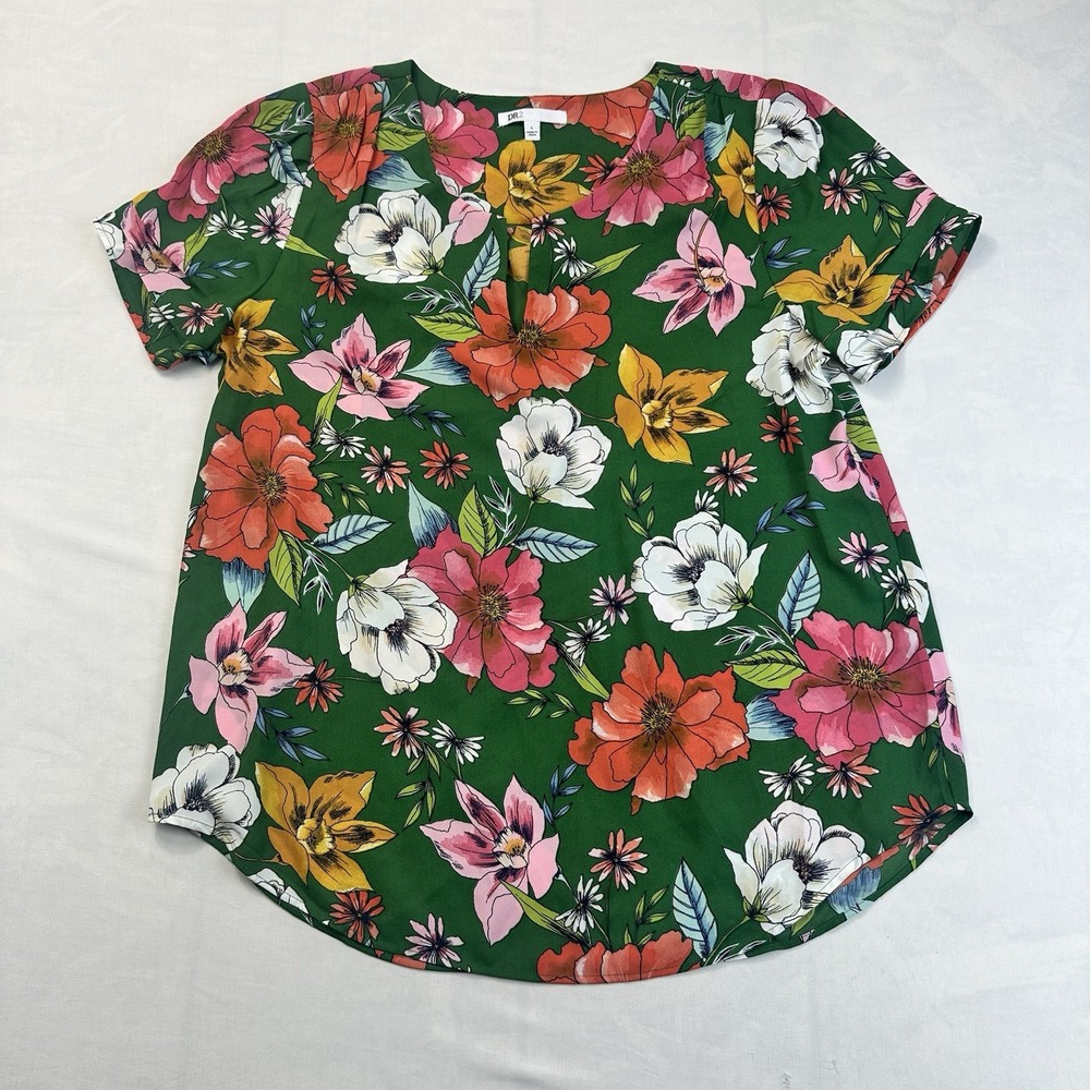 DR2 Women's Green Multicolor Floral Short Sleeve Blouse Tunic Top Size L